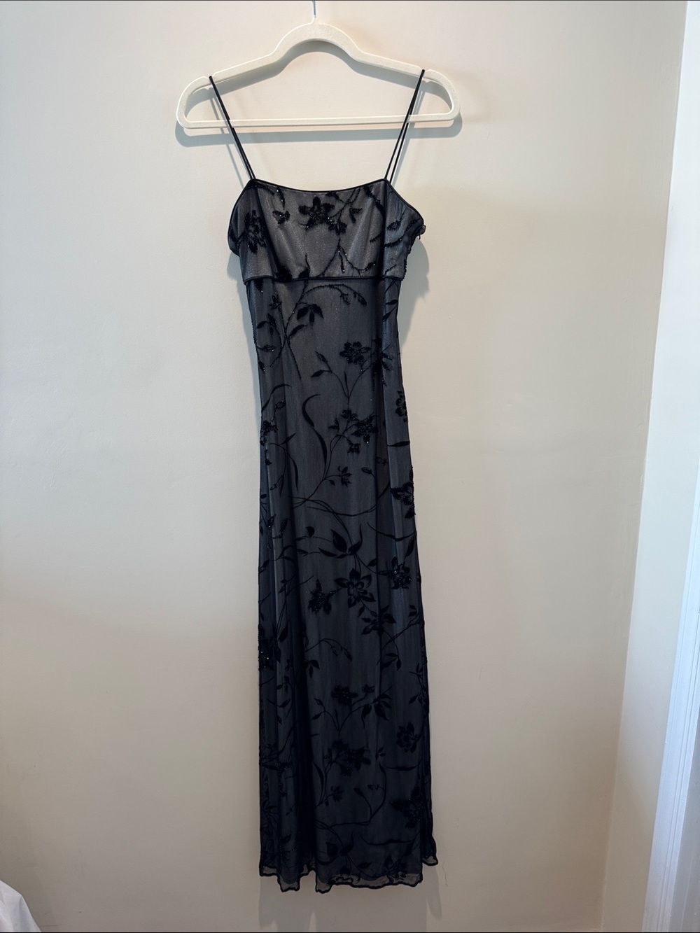 Gorgeous 90s Y2K Black Sparkly Beaded Floral Spaghetti Strap Maxi Dress